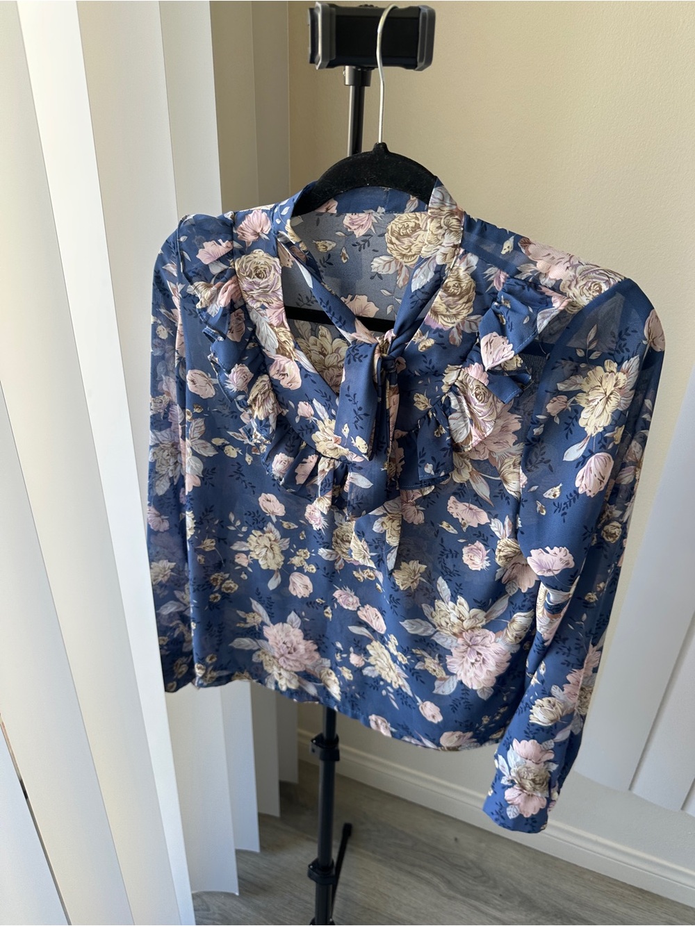 Floral Tie-Neck Blouse - Navy with Pink & Cream Flowers